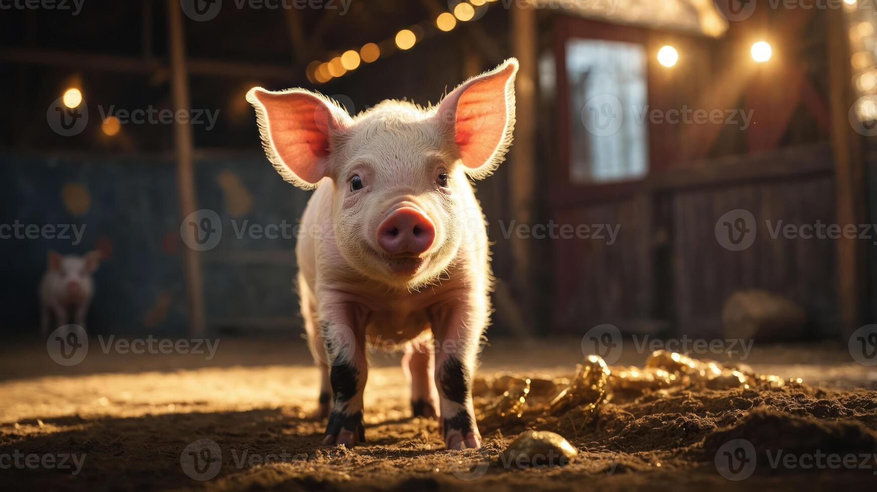 A cute piglet stands in a barn, illuminated by soft lights, creating a warm atmosphere. photo