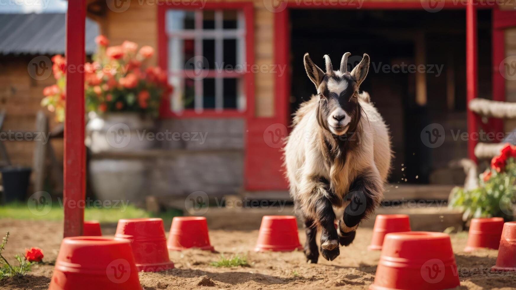 A playful goat running through a farmyard with red cones and a rustic barn in the background. photo