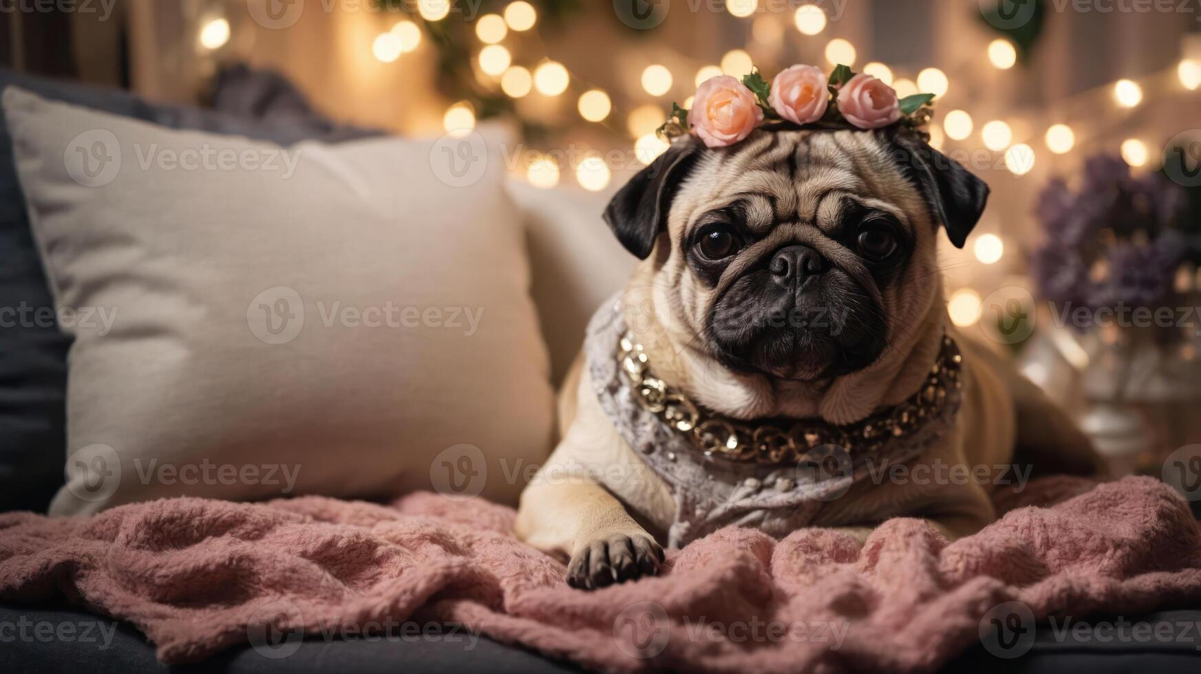 A stylish pug adorned with flowers and jewelry, resting on a cozy couch. photo