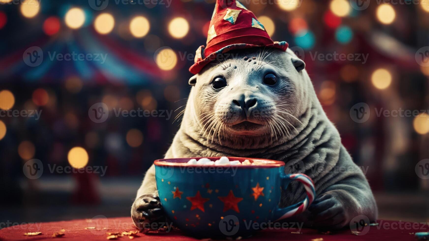 A seal wearing a party hat enjoys a festive drink in a colorful, cheerful setting. photo