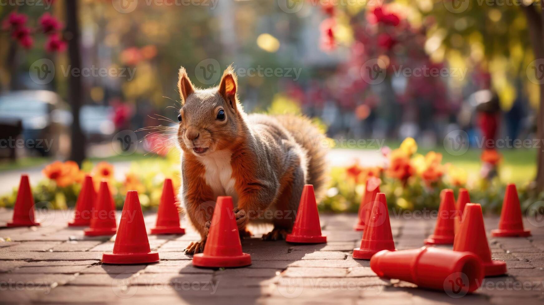 A squirrel navigating through red cones in a vibrant park setting. photo