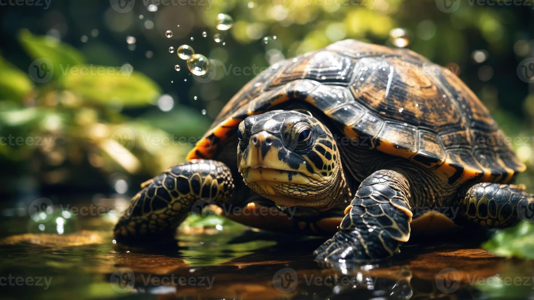 A close-up of a turtle in water with bubbles, surrounded by lush greenery. photo