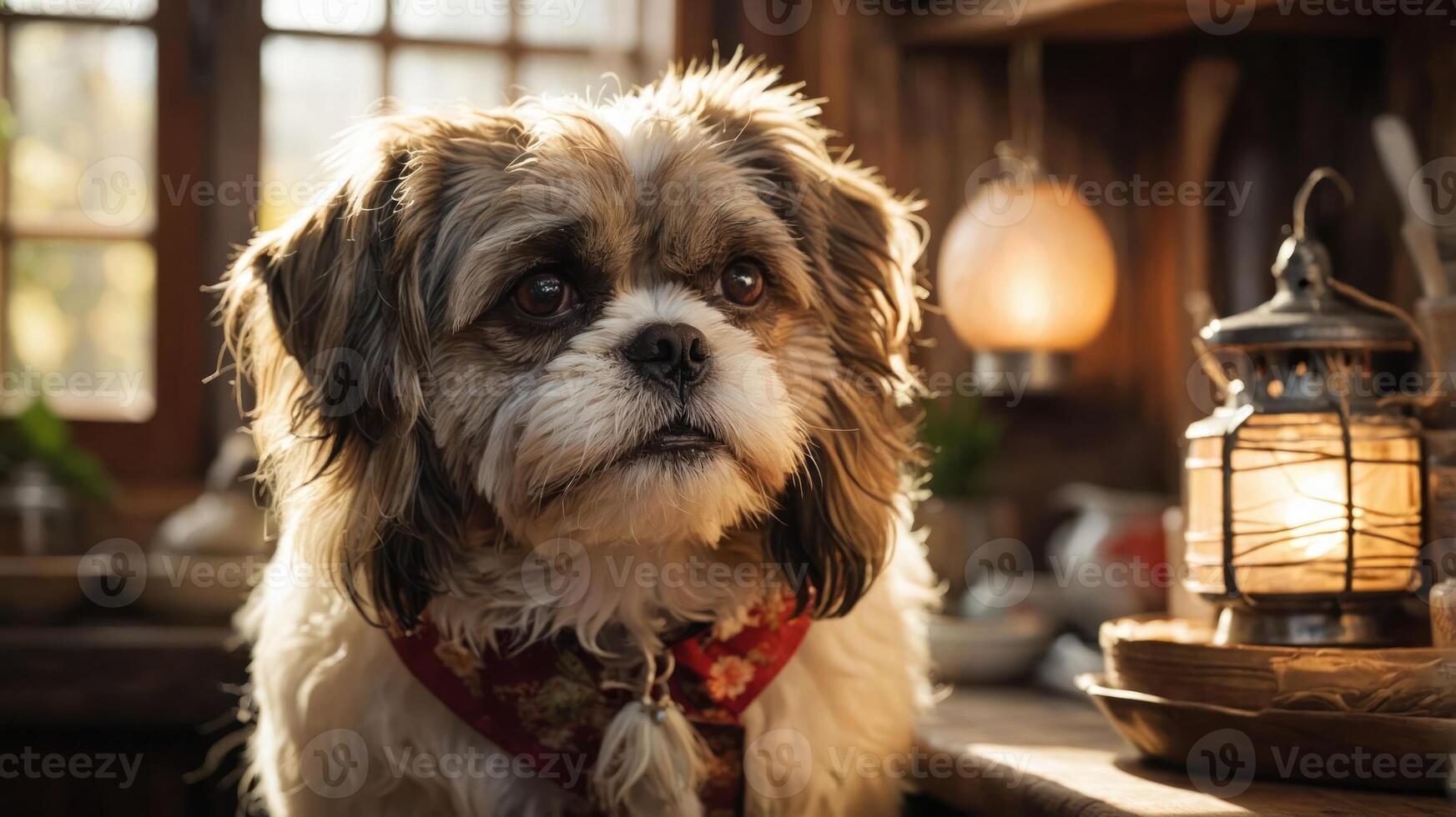 A charming dog sits indoors, illuminated by warm light, creating a cozy atmosphere. photo