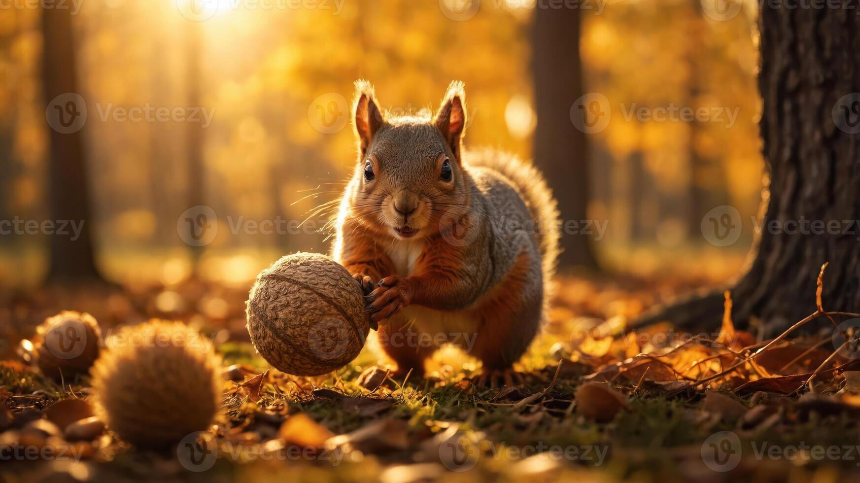 A squirrel holds a nut in a sunlit forest during autumn, surrounded by fallen leaves. photo