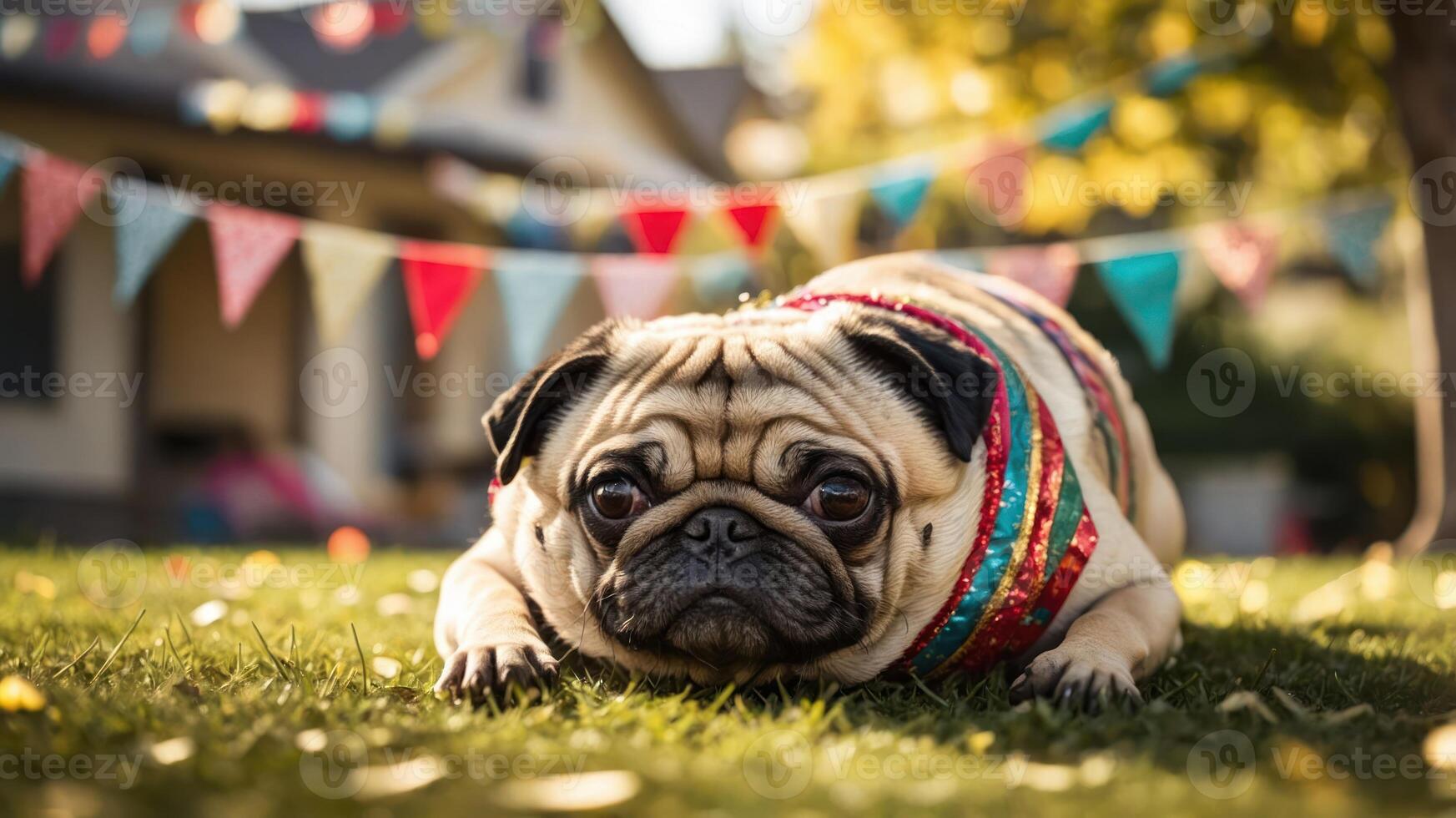 A pug resting on grass, adorned with colorful decorations in a festive outdoor setting. photo