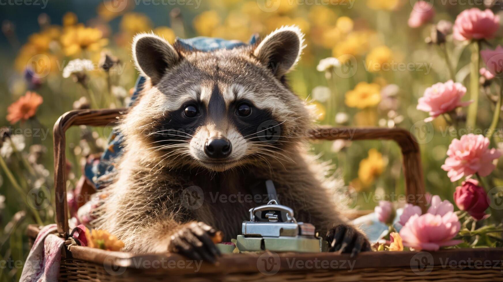 A raccoon sitting in a basket surrounded by flowers, with a vintage camera beside it. photo