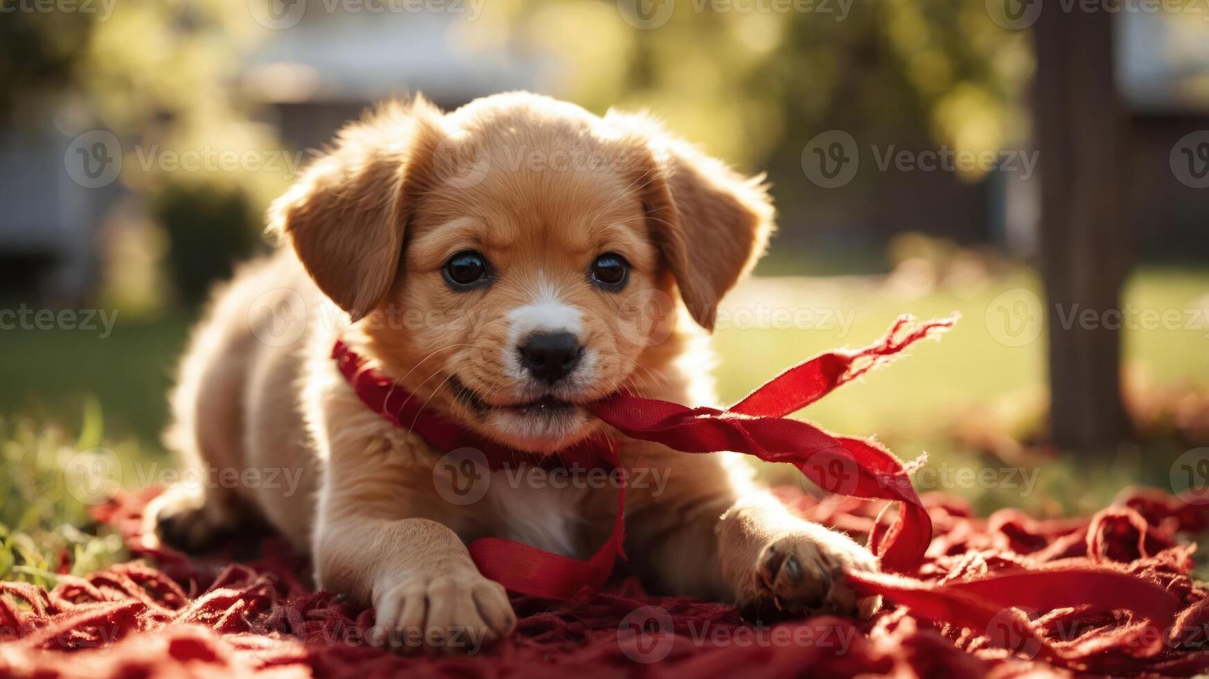 A playful puppy lying on a red blanket, chewing on a ribbon in a sunny outdoor setting. photo