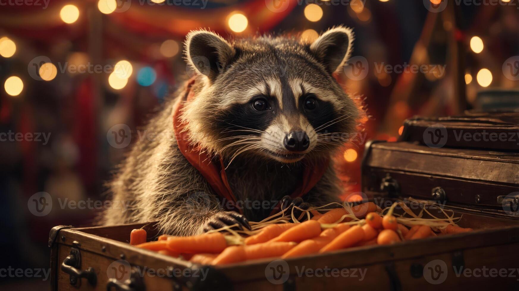 A raccoon curiously inspects a treasure chest filled with carrots at a whimsical setting. photo