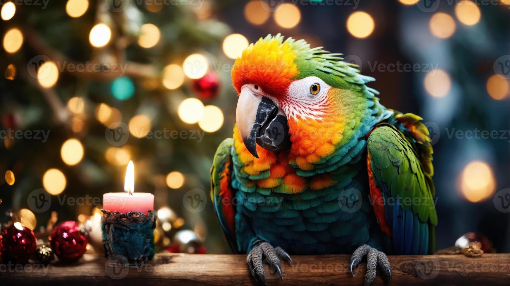 A colorful parrot sits beside a candle, with festive decorations in the background. photo