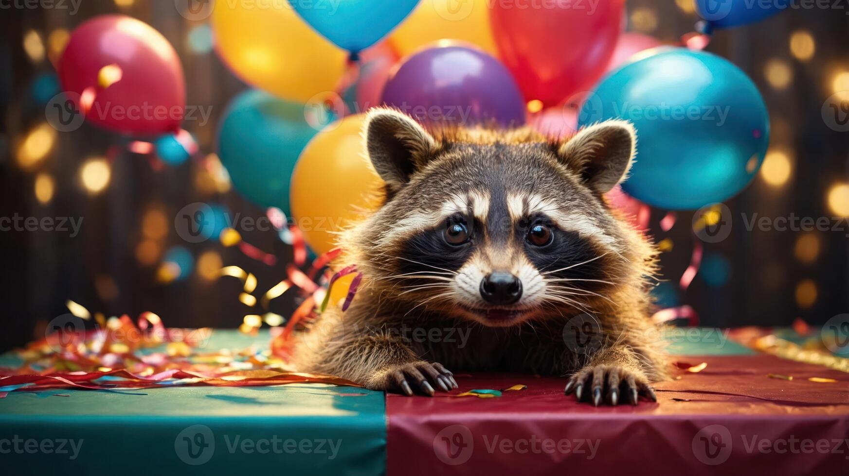 A raccoon at a festive table surrounded by balloons and confetti, celebrating a party. photo