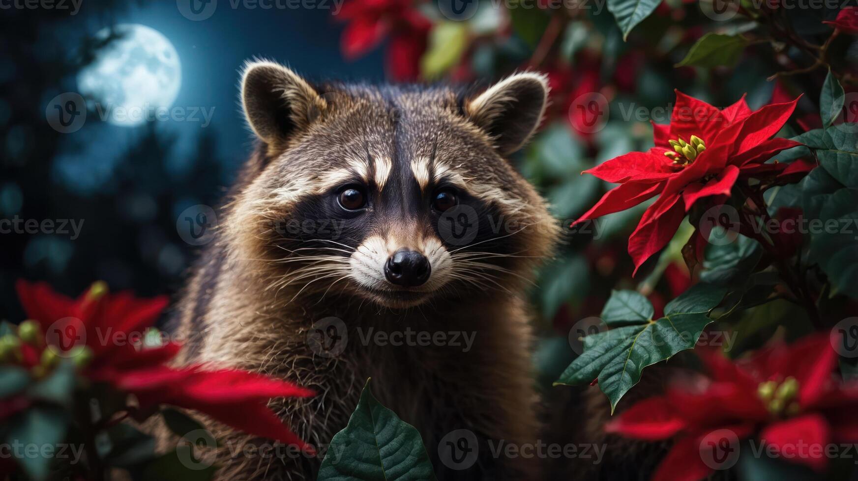 A raccoon amidst vibrant red poinsettias under a moonlit sky. photo