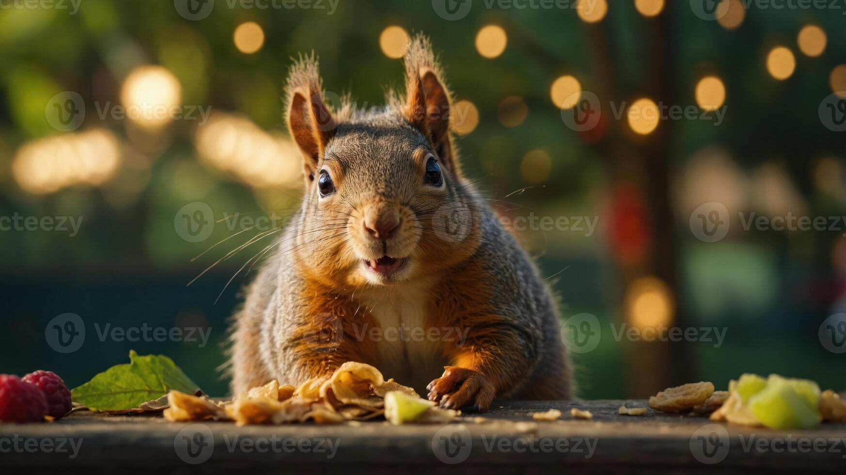 A close-up of a squirrel eating on a table with blurred lights in the background. photo