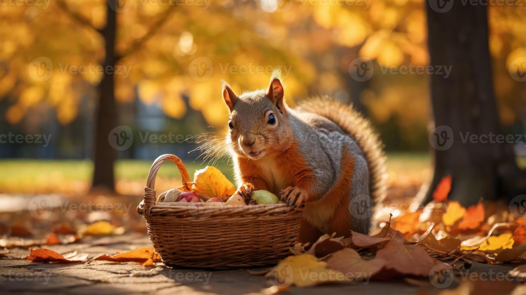 A squirrel beside a basket of fruits in a vibrant autumn setting. photo