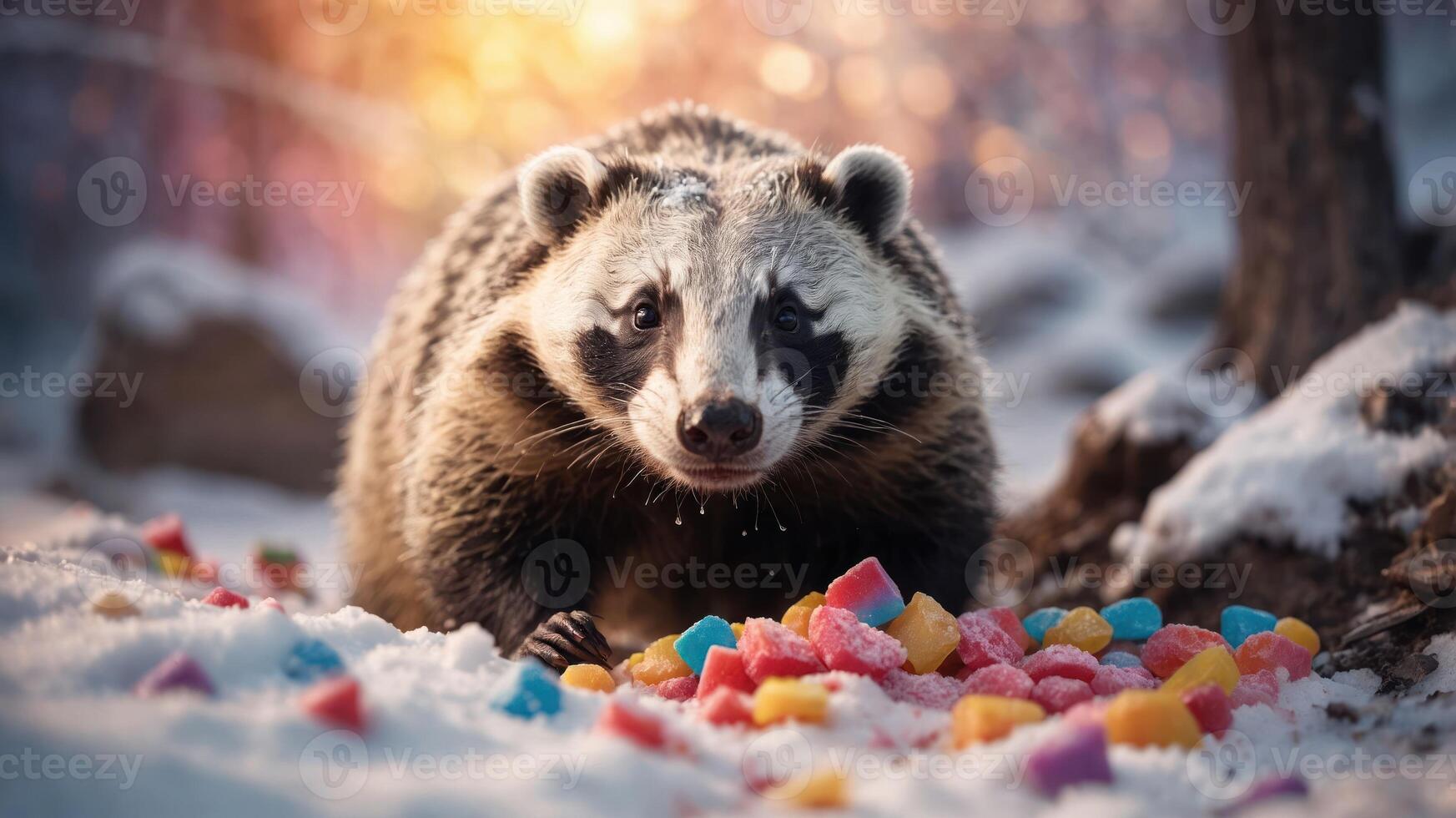 A badger forages in the snow, surrounded by colorful, sugary treats. photo