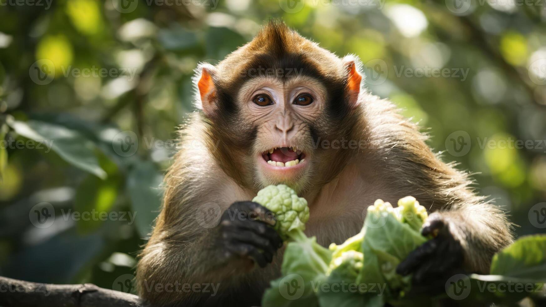 A monkey enjoying a leafy snack in a lush environment. photo