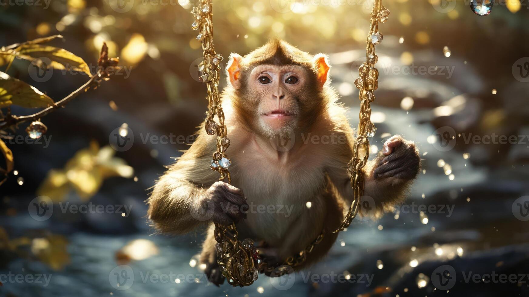 A young monkey swings on a chain in a sunlit forest, surrounded by shimmering droplets. photo
