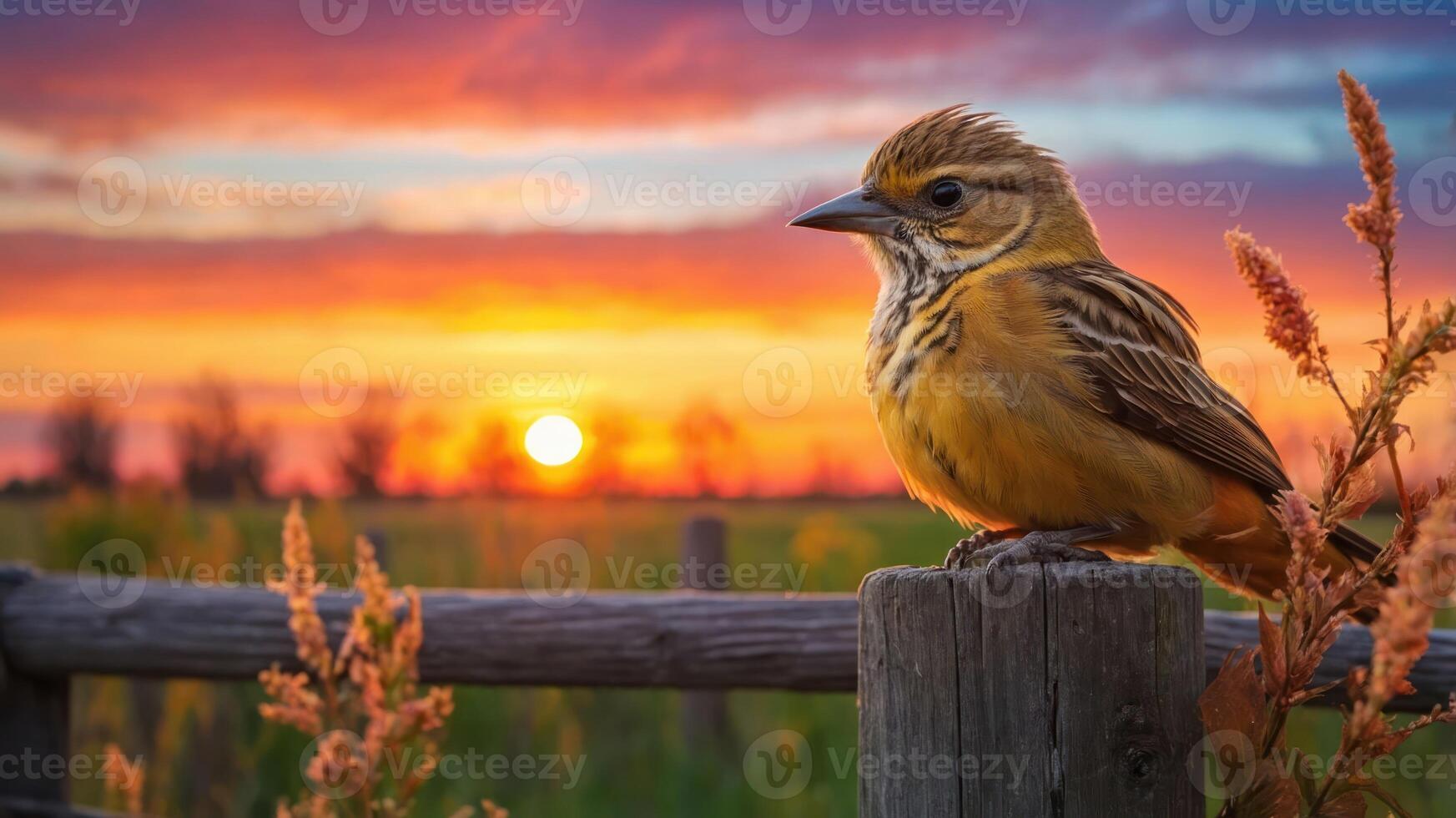 A vibrant sunset scene featuring a yellow bird perched on a wooden fence. photo