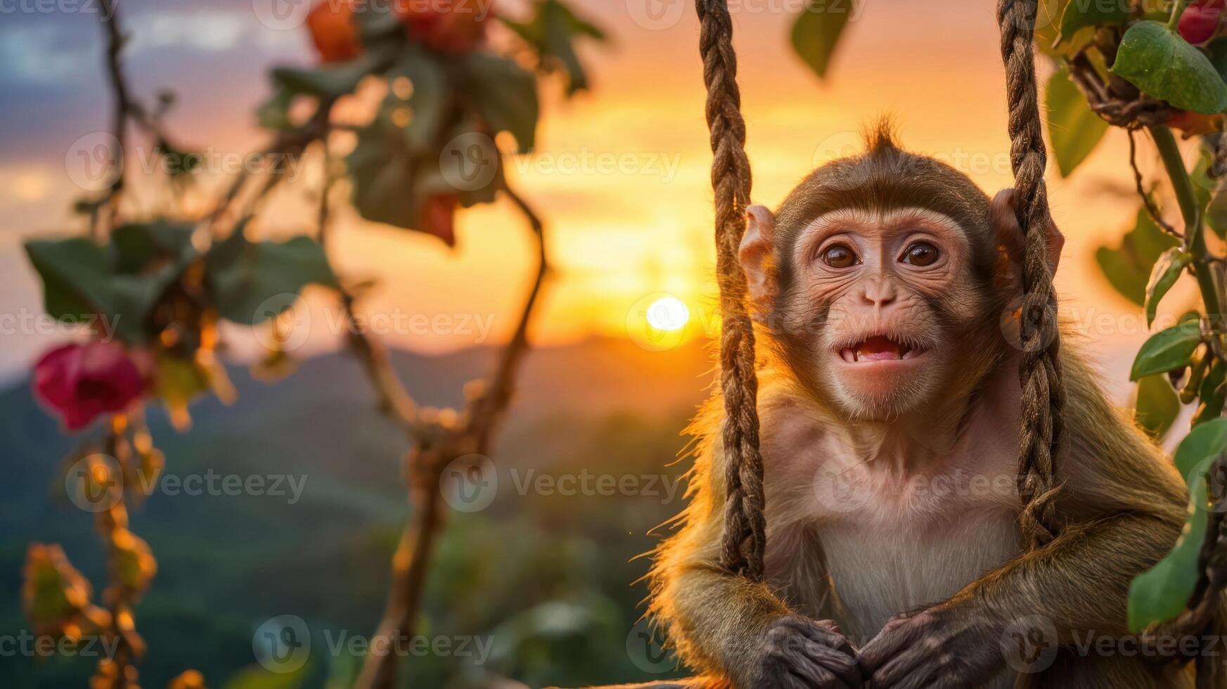 A monkey swings on a rope against a vibrant sunset backdrop in a scenic landscape. photo