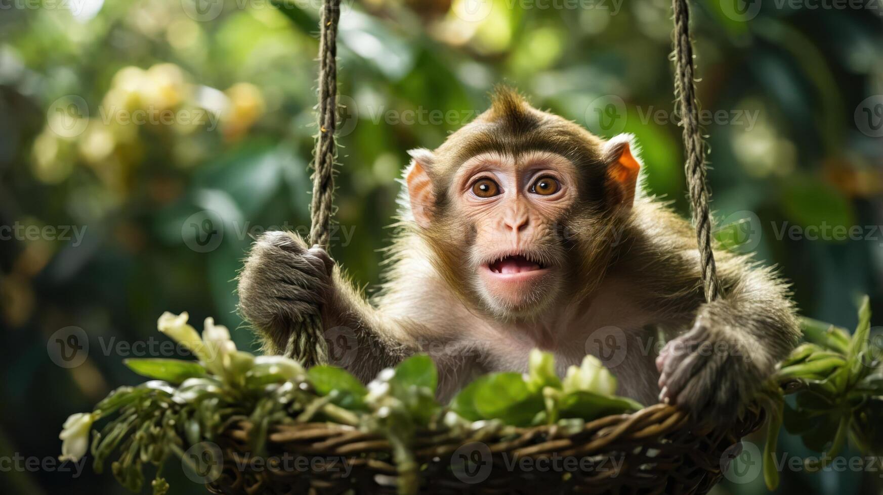 A cute monkey sitting in a woven basket surrounded by greenery. photo