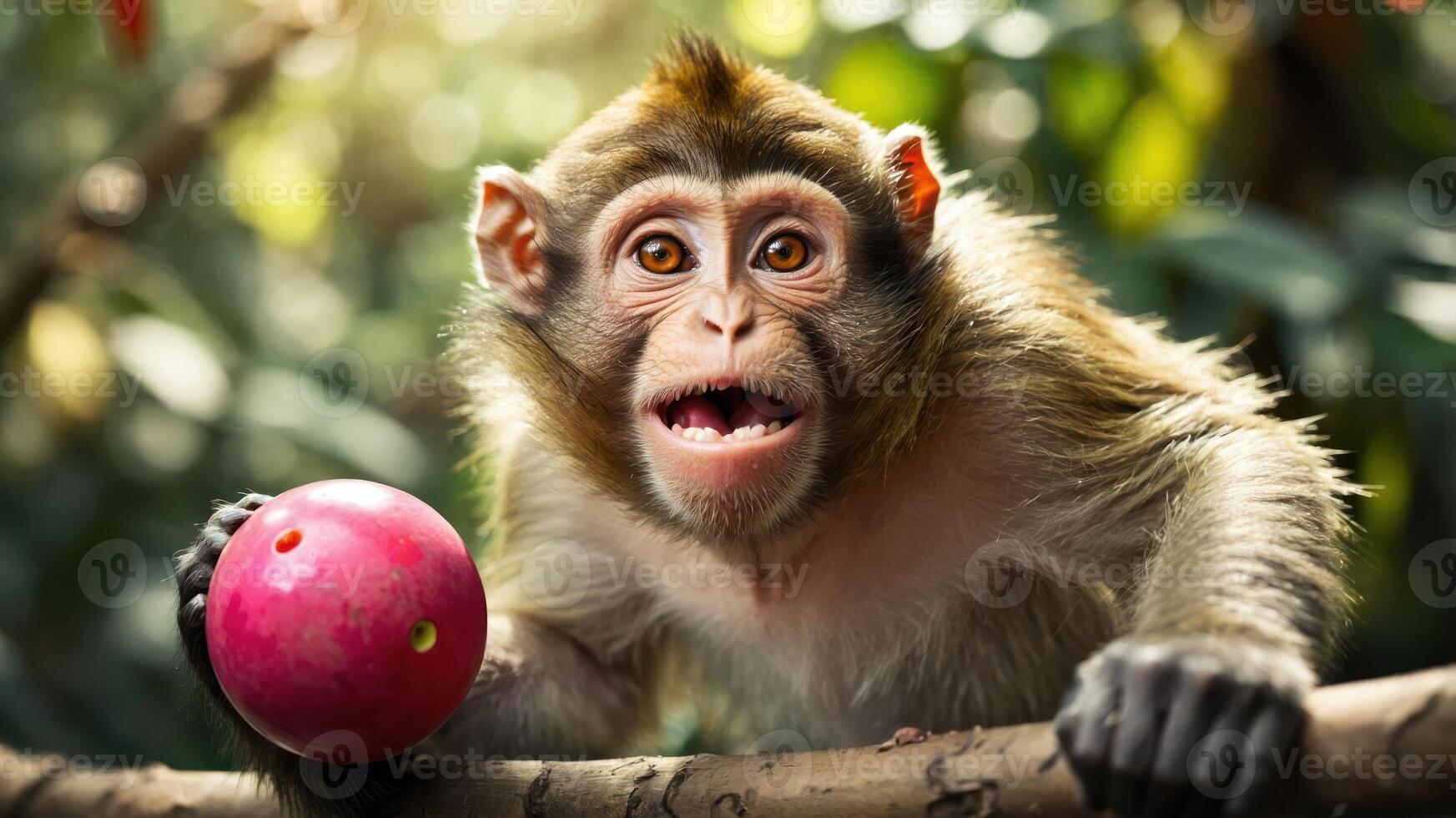 A playful monkey holds a pink ball, surrounded by lush greenery. photo