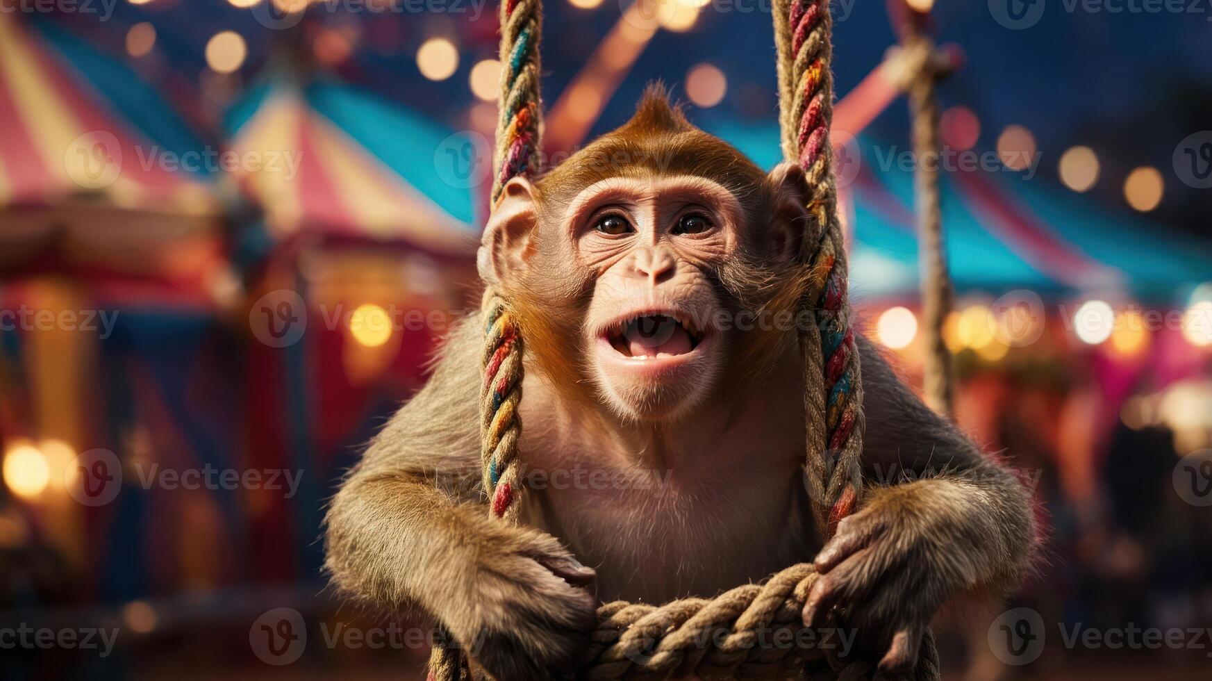 A joyful monkey swings on a rope in a vibrant carnival setting, evoking a sense of fun. photo