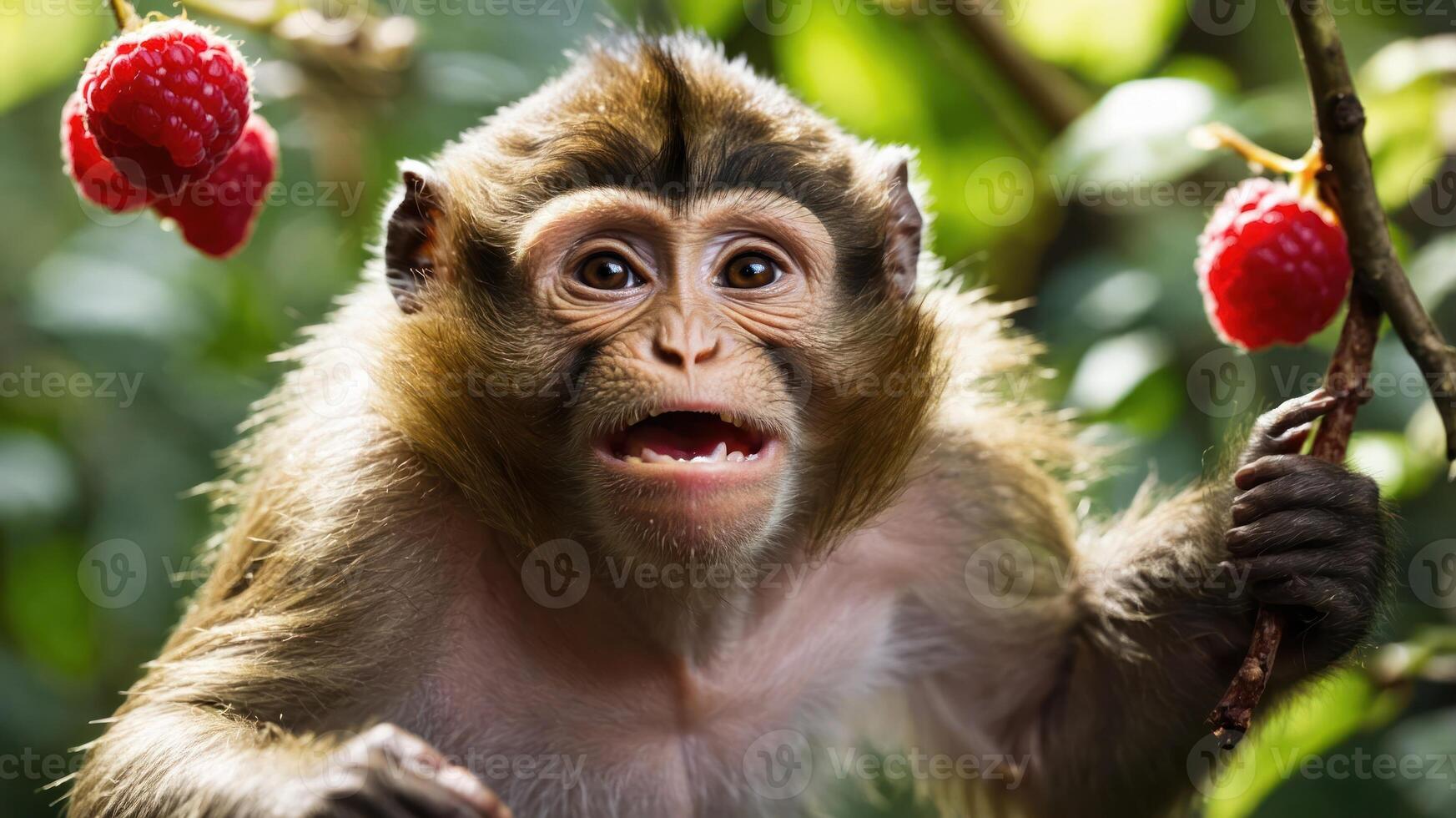 A close-up of a monkey surrounded by greenery and raspberries, showcasing wildlife. photo