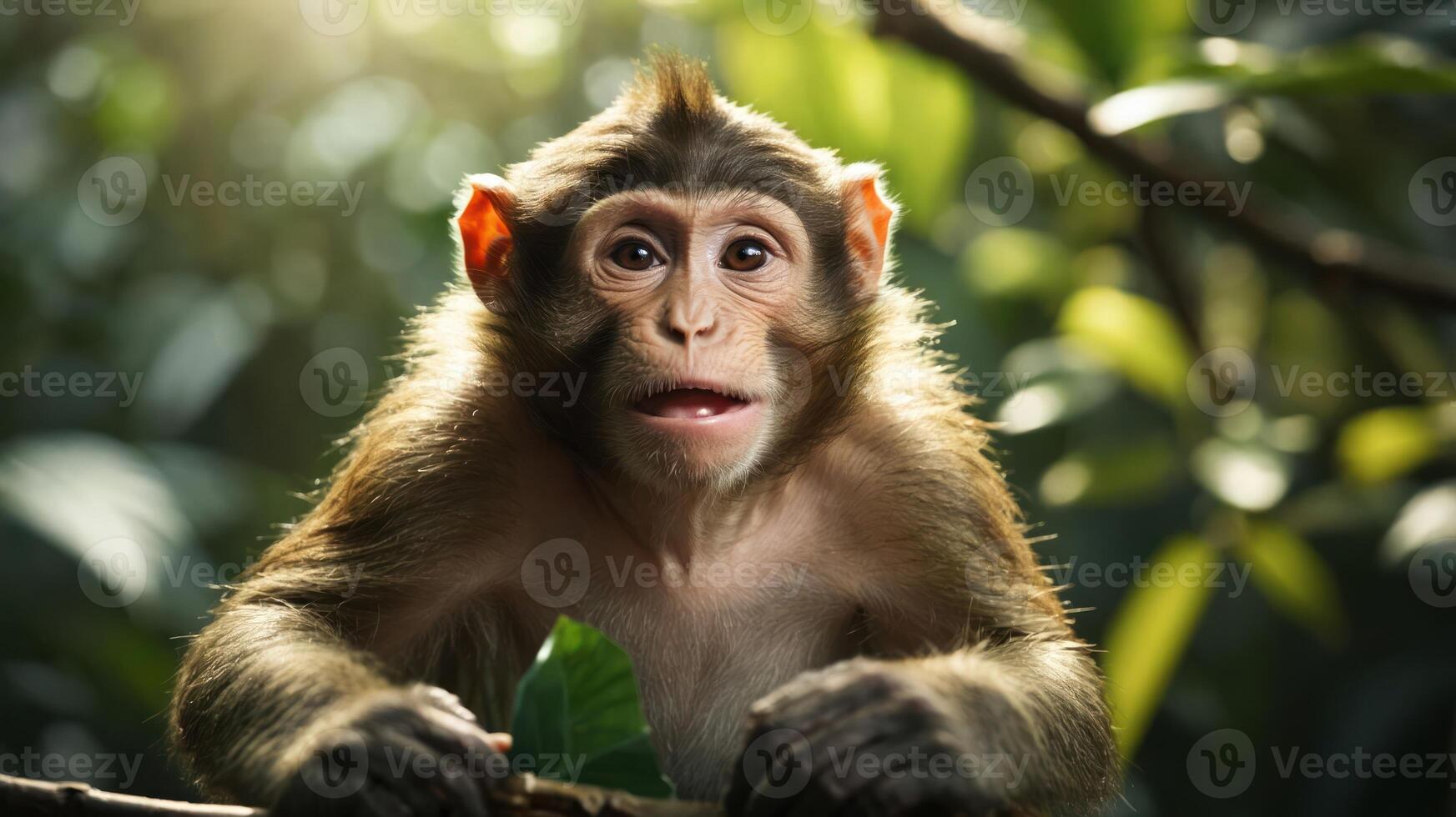 A close-up of a curious monkey in a lush green environment, showcasing wildlife. photo