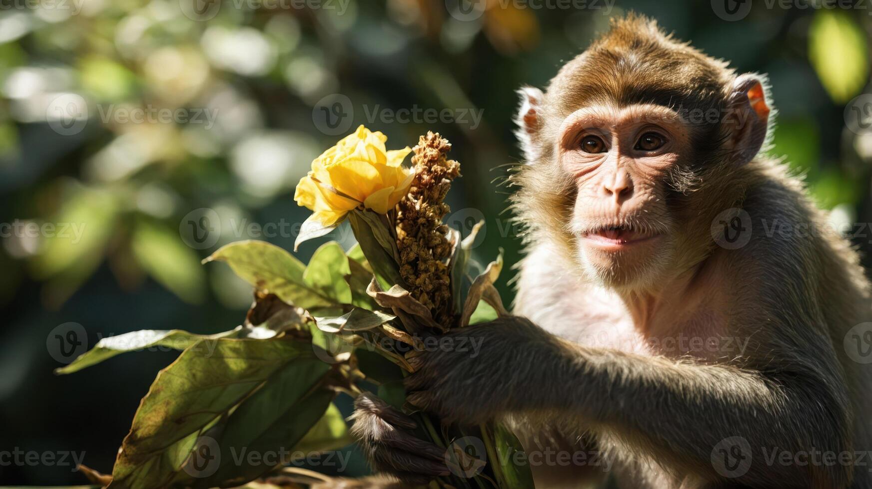 A monkey holding a yellow flower, appearing curious and engaged with its surroundings. photo