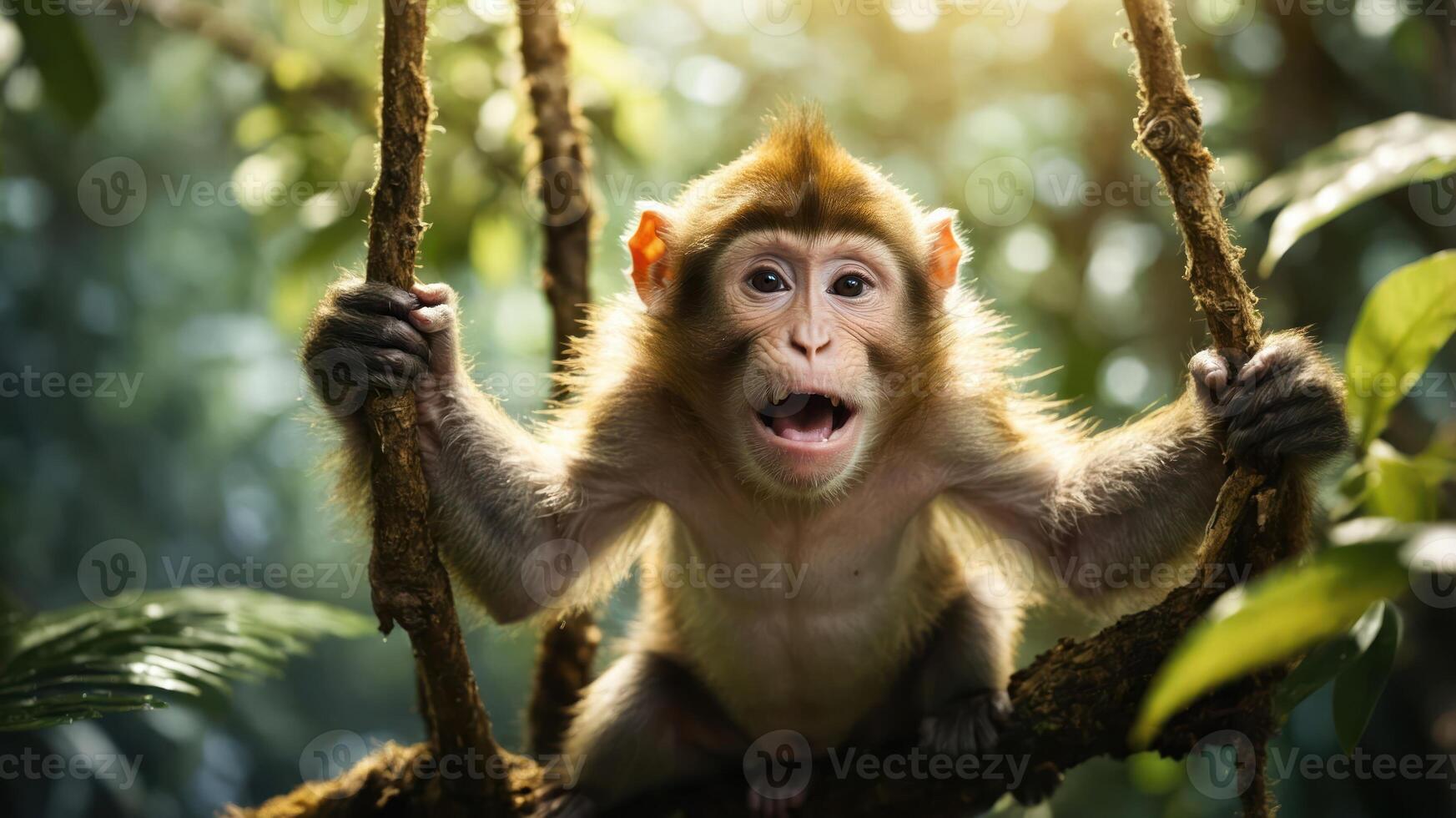A playful monkey hanging on branches in a lush forest setting. photo