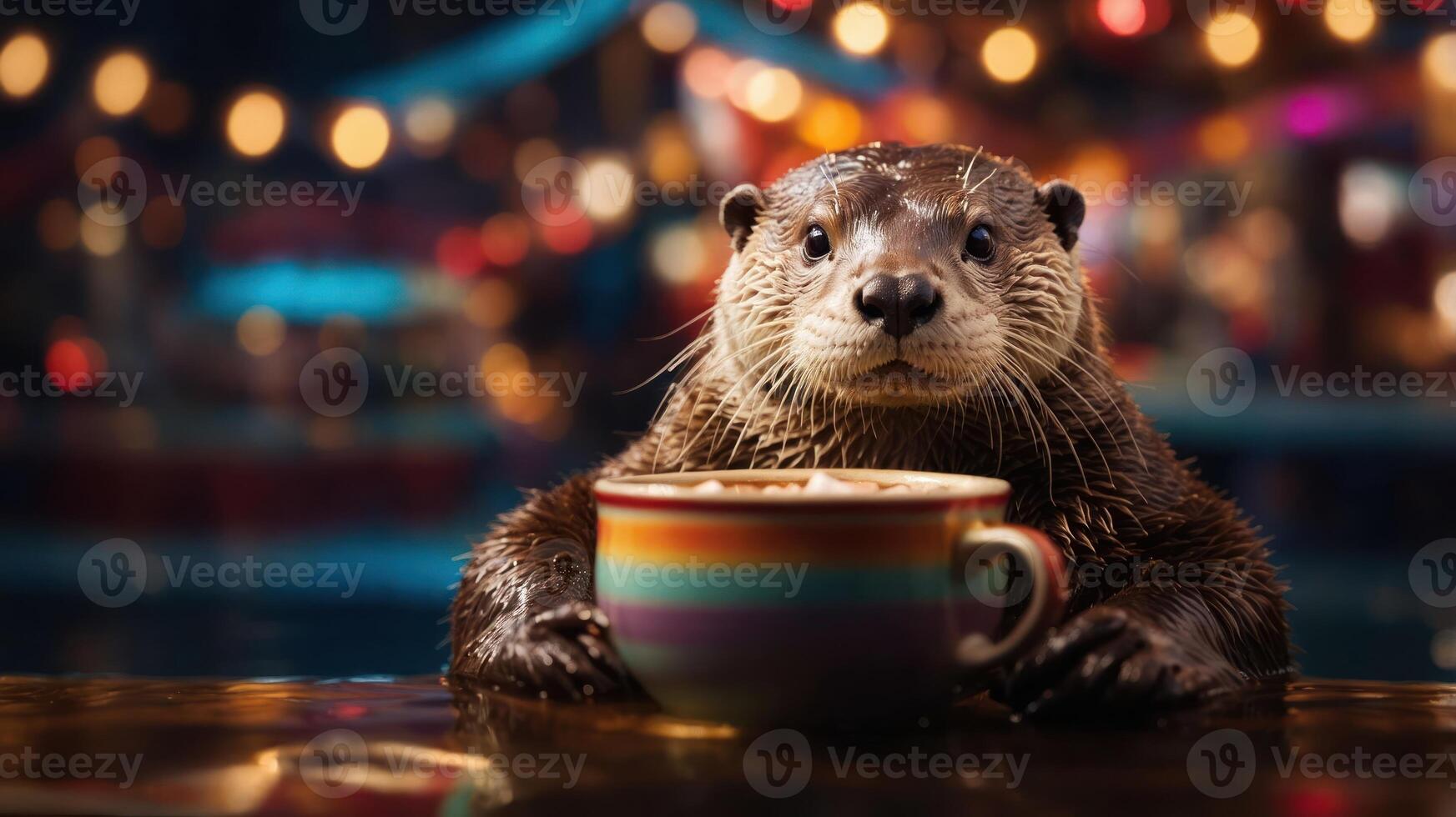 A playful otter enjoying a colorful cup, set against a vibrant, blurred background. photo