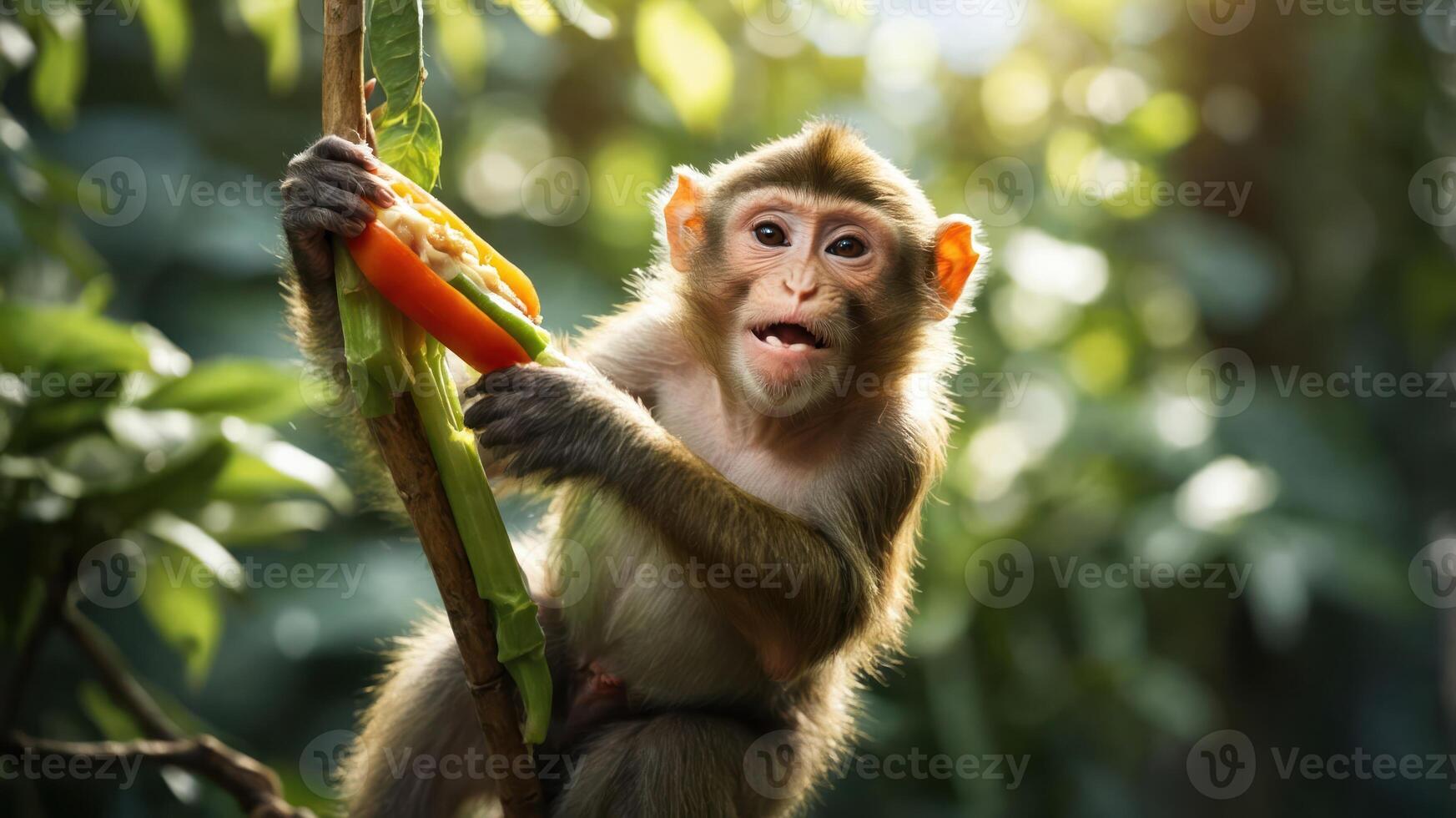 A playful monkey holding a piece of food in a lush, green environment. photo