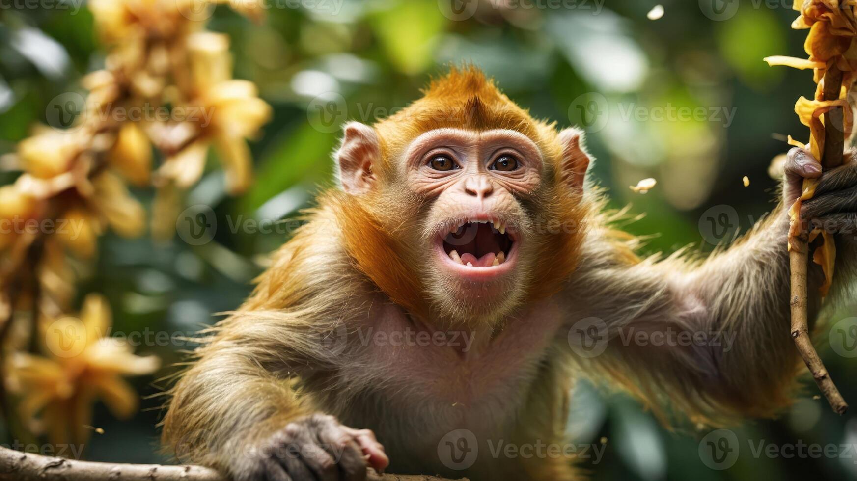 A close-up of a monkey displaying an expressive face in a lush, green environment. photo