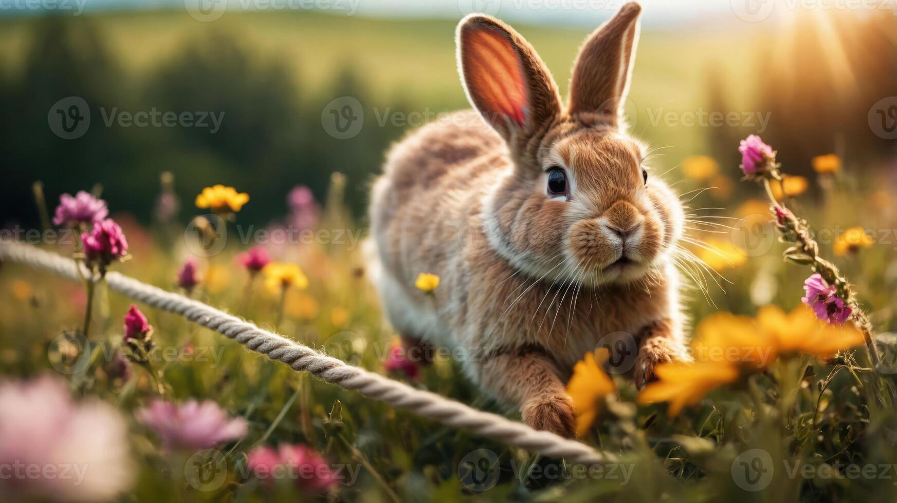A rabbit exploring a vibrant flower-filled meadow during sunset. photo