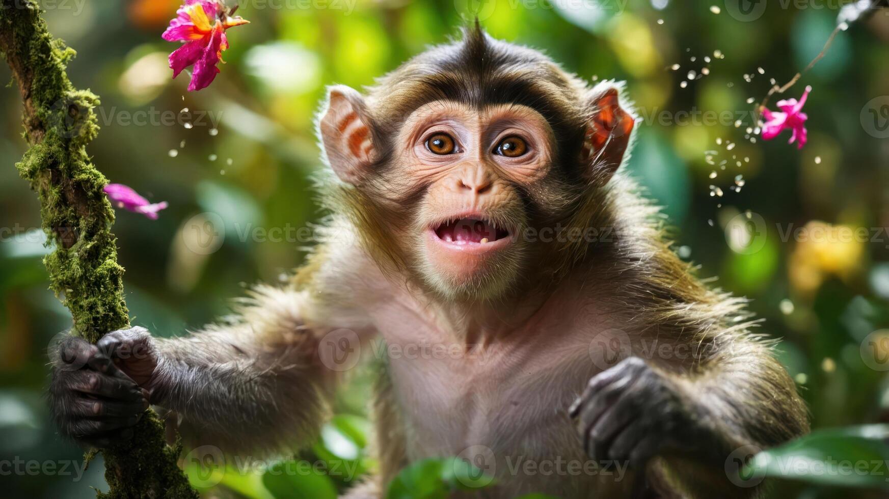 A playful monkey in a lush, vibrant environment, surrounded by flowers and greenery. photo