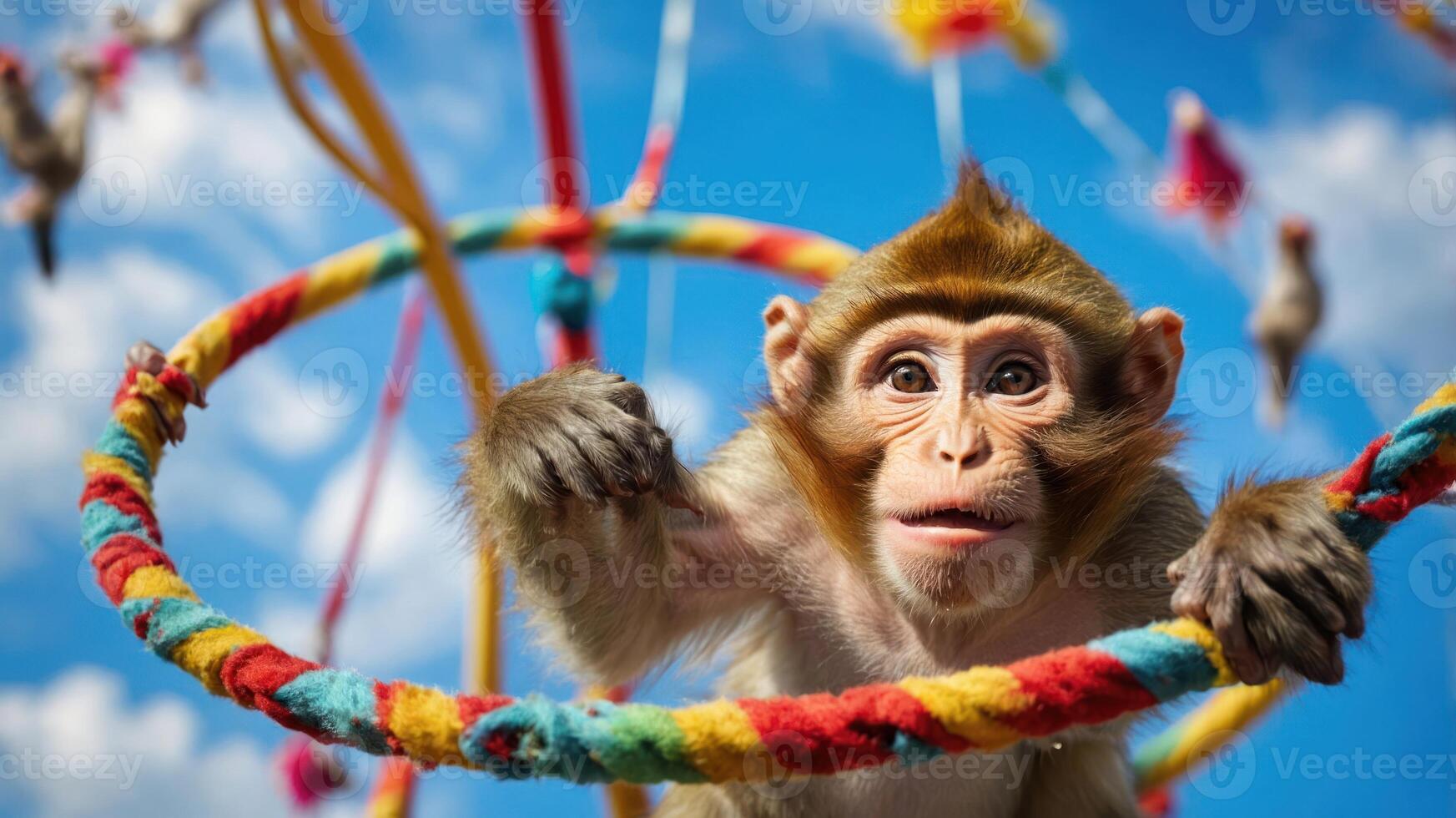 A monkey playfully interacting with a colorful hoop against a bright blue sky. photo