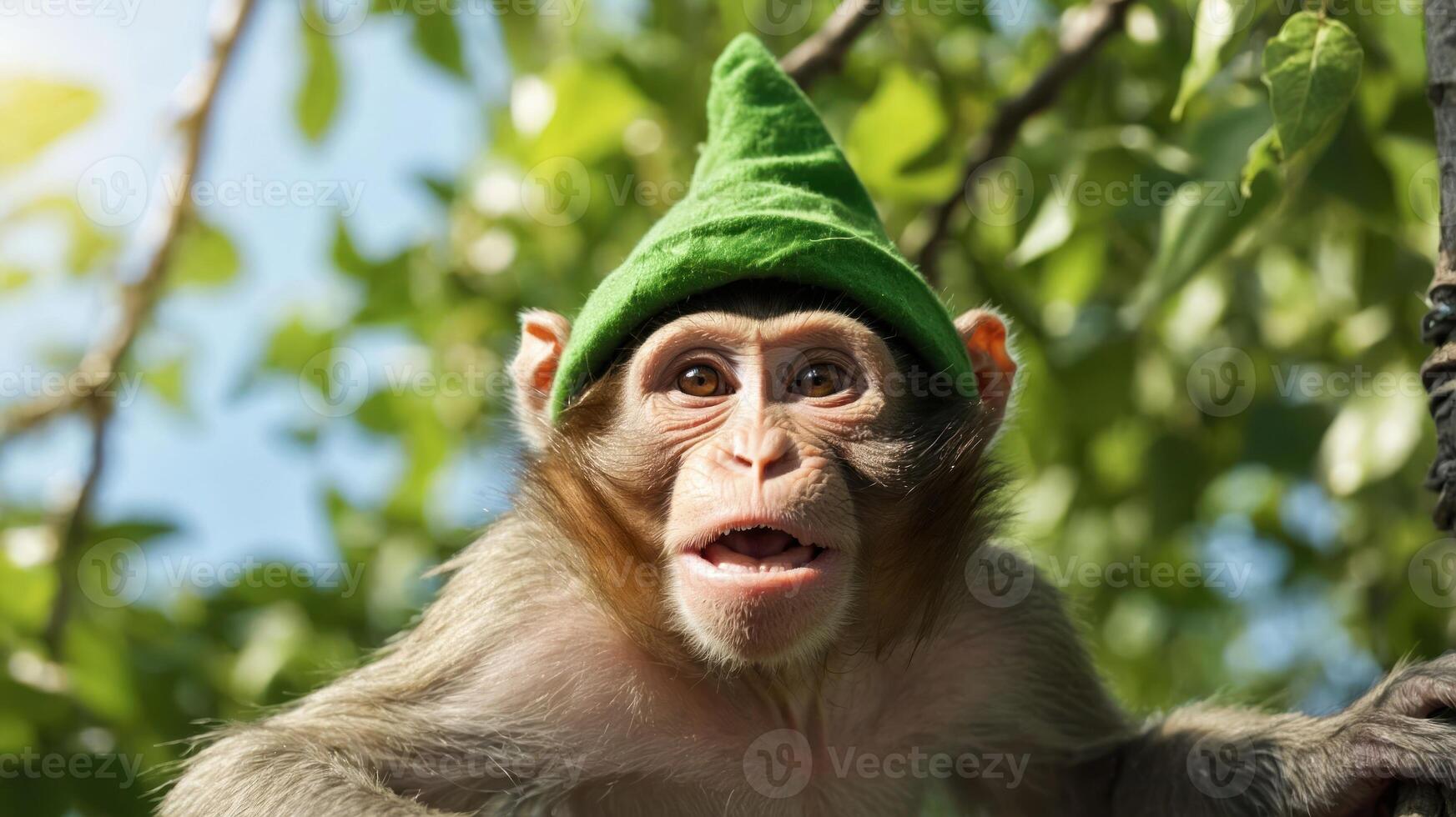 A monkey wearing a green hat, perched among leaves, showcasing a playful expression. photo