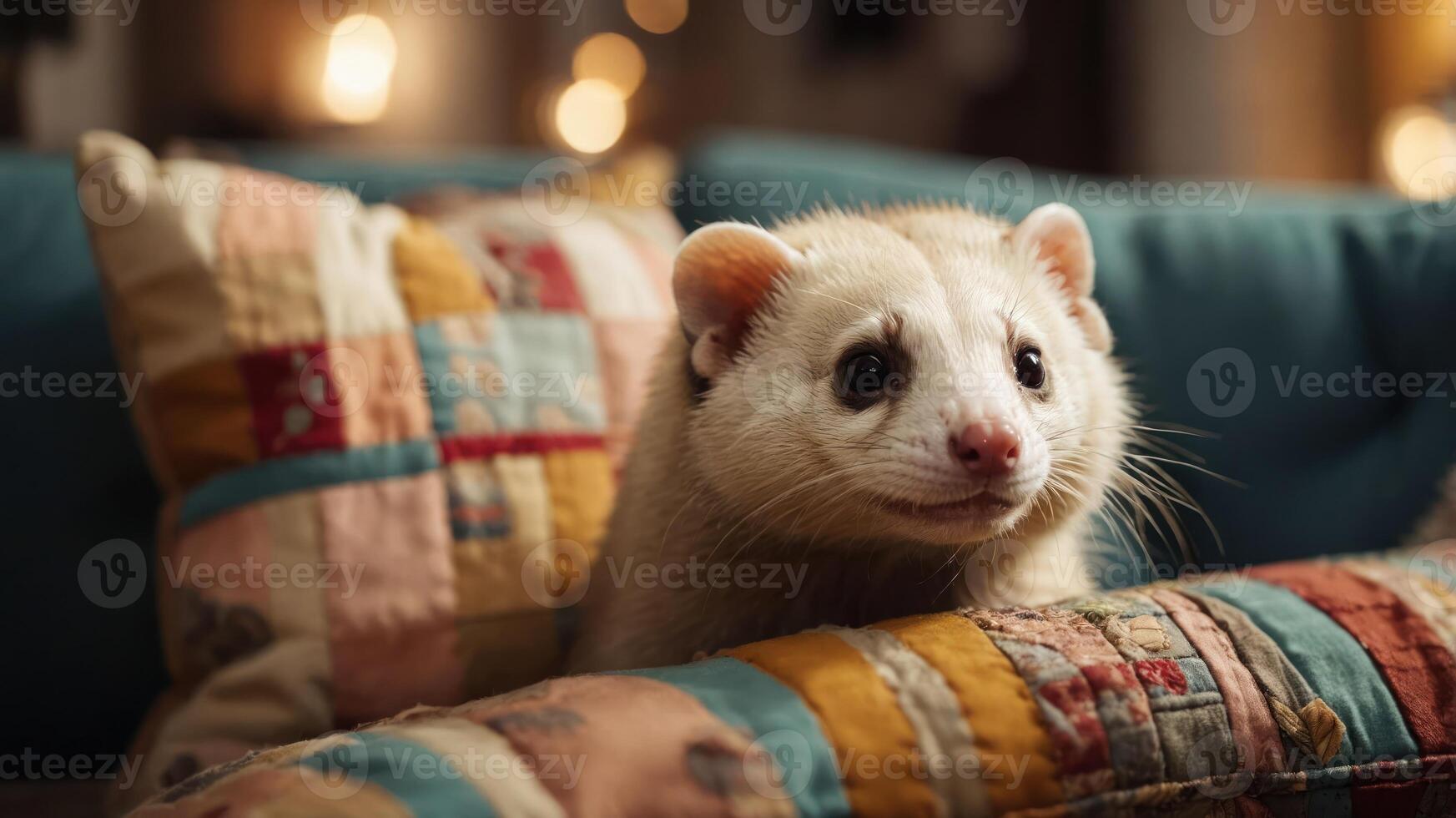 A close-up of a curious ferret on a colorful quilted couch. photo