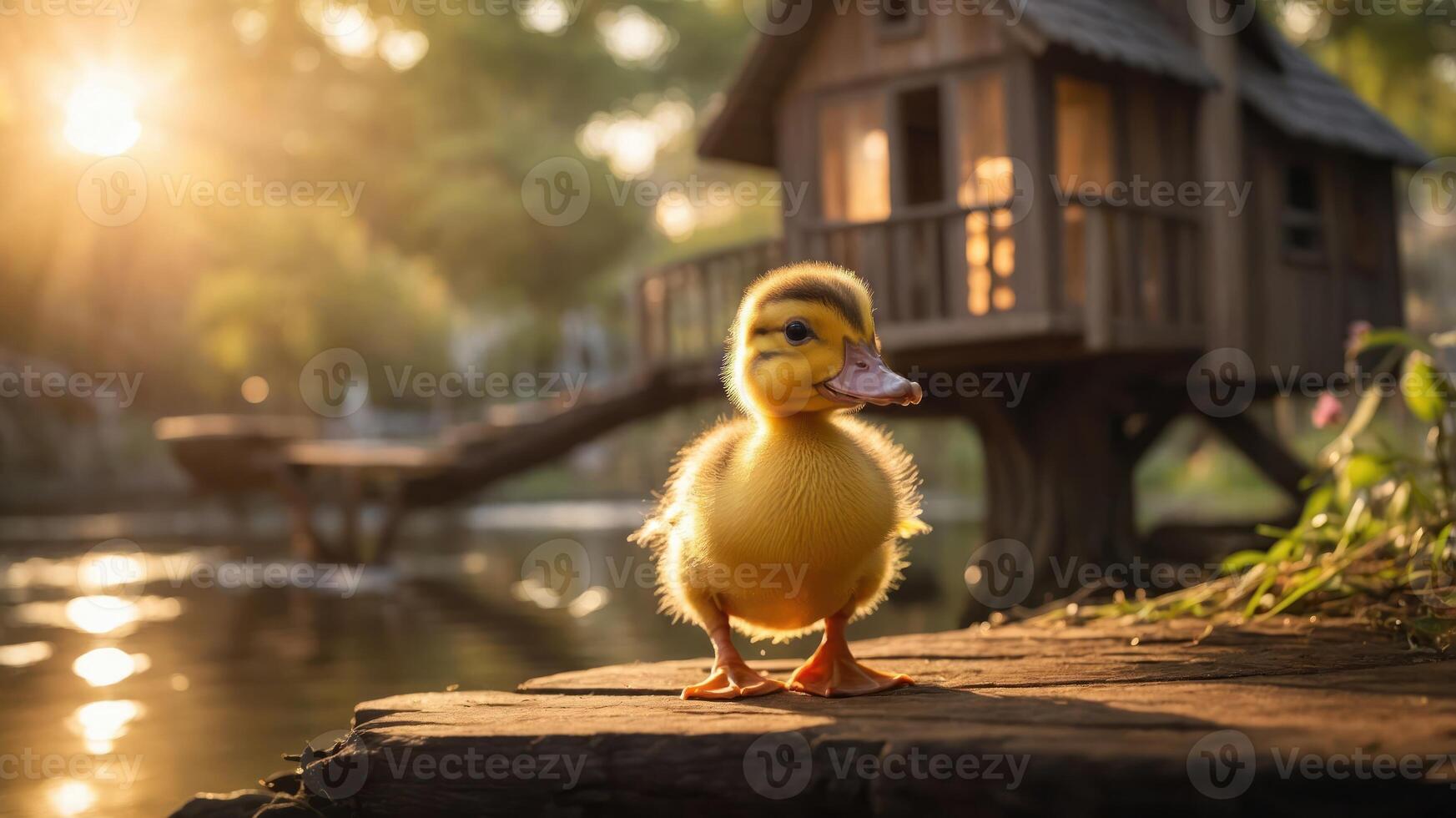A cute duckling stands on a log near a tranquil pond and a whimsical wooden house. photo