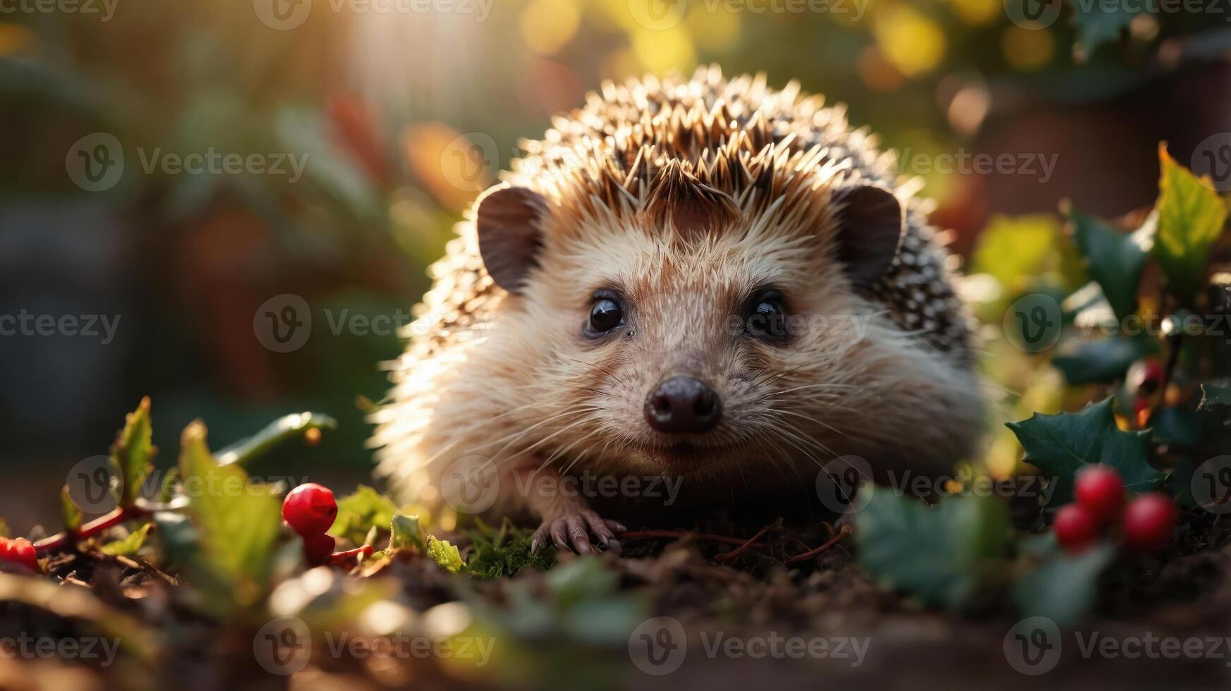 A close-up of a hedgehog in a natural setting with greenery and berries around it. photo