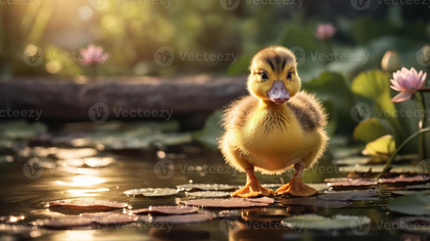 A duckling stands on lily pads in a serene pond, surrounded by nature's beauty. photo