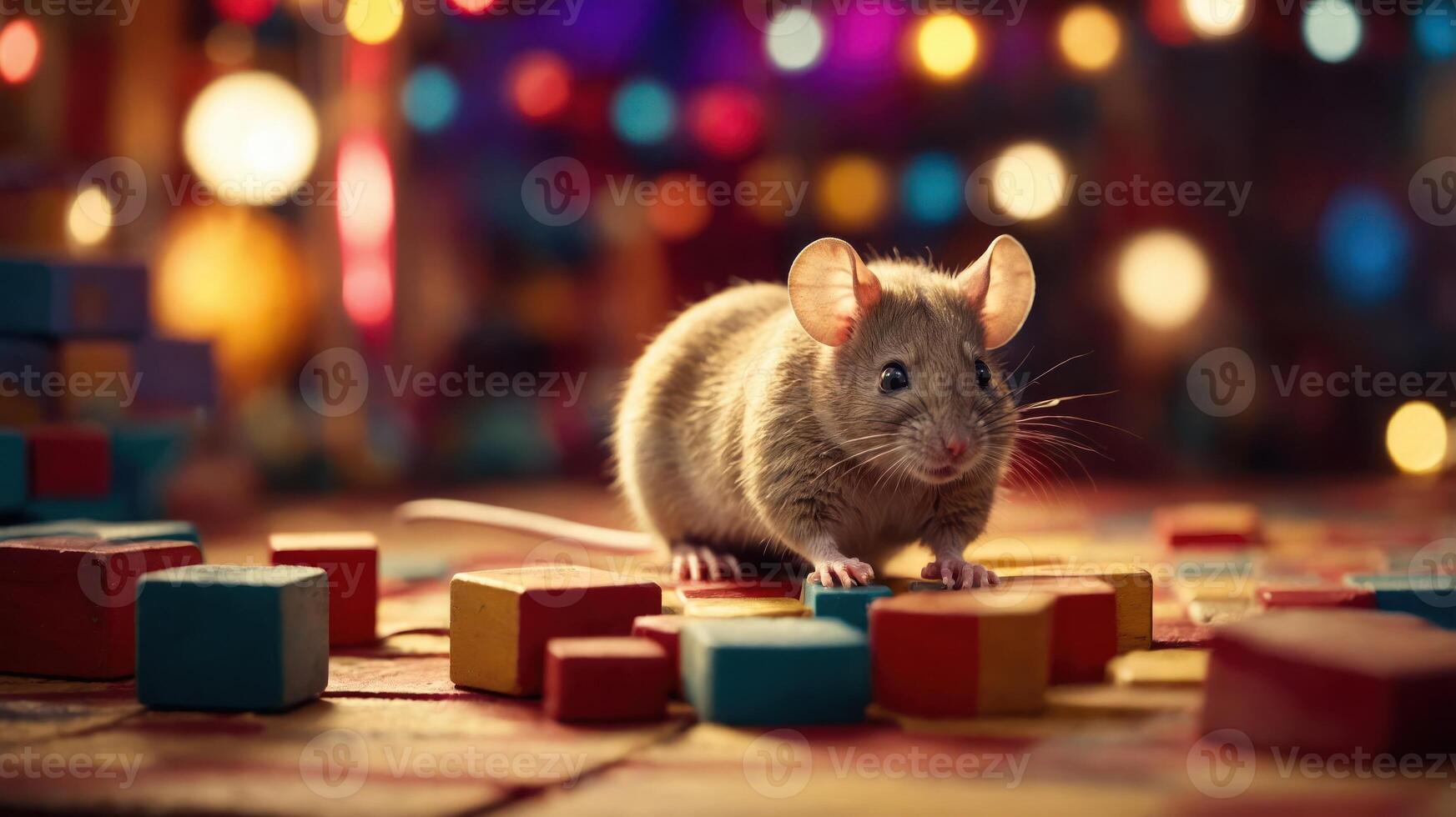 A cute mouse exploring colorful building blocks in a whimsical, vibrant setting. photo