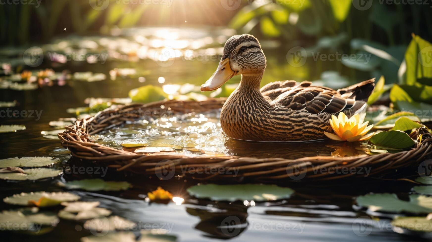 A serene duck floats on a lily pad in a tranquil pond, surrounded by lush greenery. photo