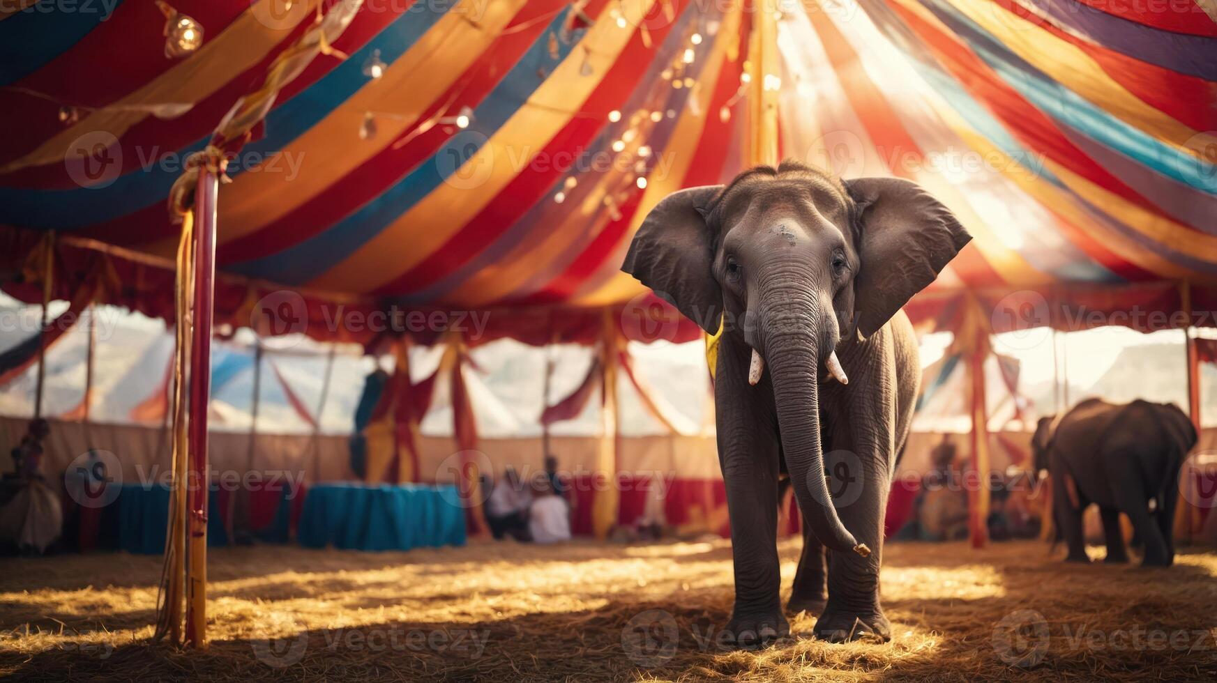 An elephant stands in a colorful circus tent, surrounded by straw and soft lighting. photo