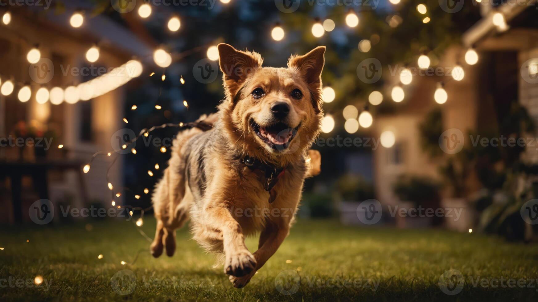 A joyful dog running in a backyard illuminated by string lights at dusk. photo