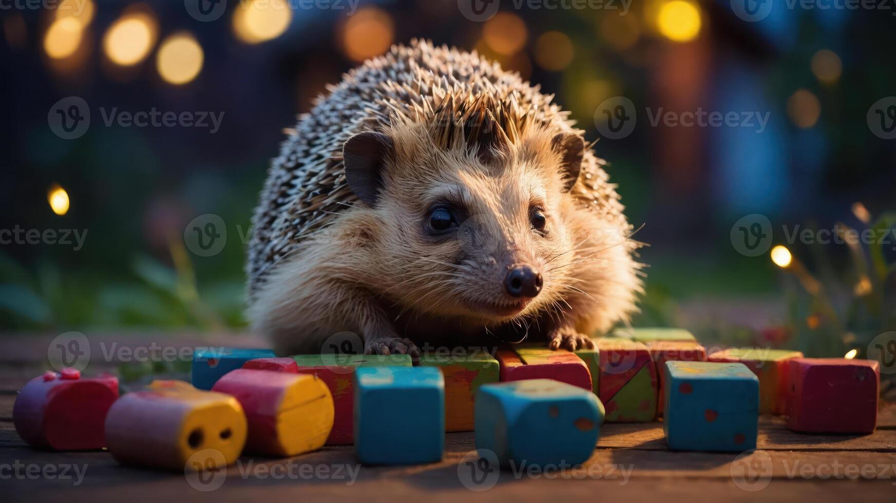 A hedgehog surrounded by colorful wooden blocks in a softly lit outdoor setting. photo