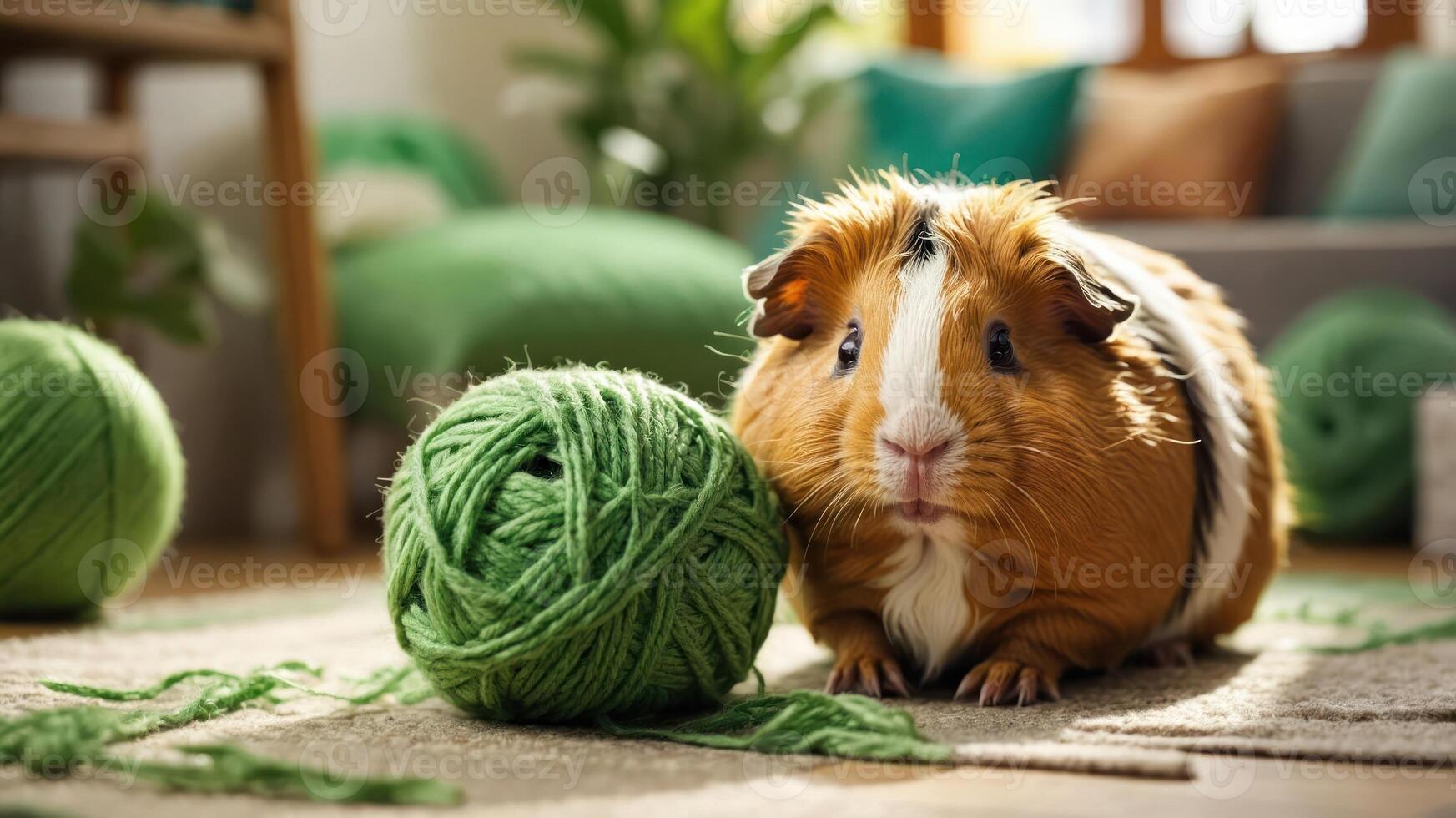 A cute guinea pig beside a ball of green yarn in a cozy living room setting. photo