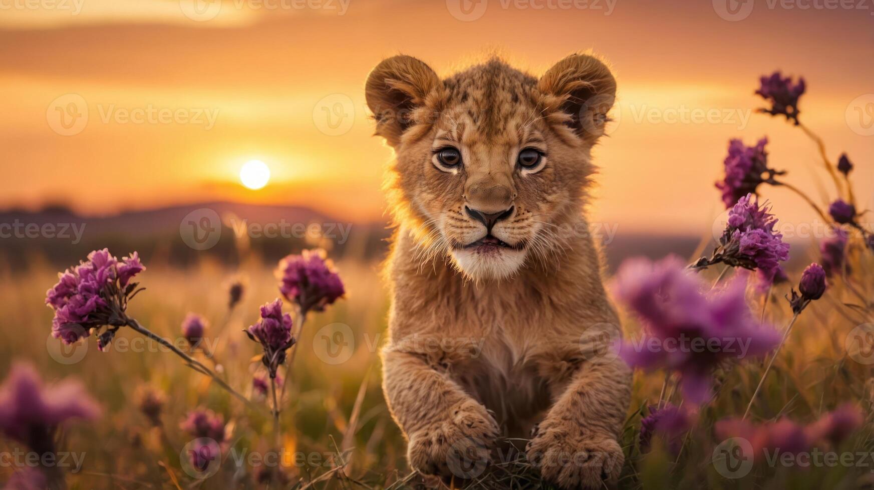 A lion cub rests among flowers during a vibrant sunset. photo