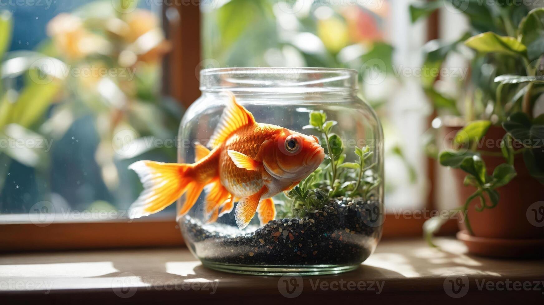 A goldfish swimming in a glass bowl with aquatic plants, illuminated by natural light. photo