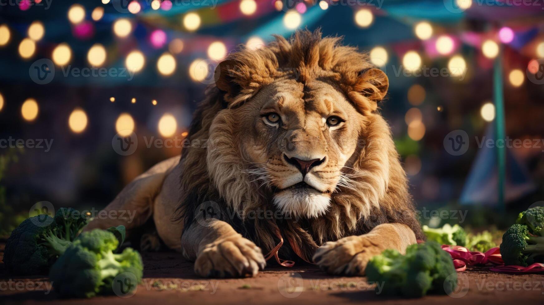 A majestic lion resting among vegetables under colorful lights. photo