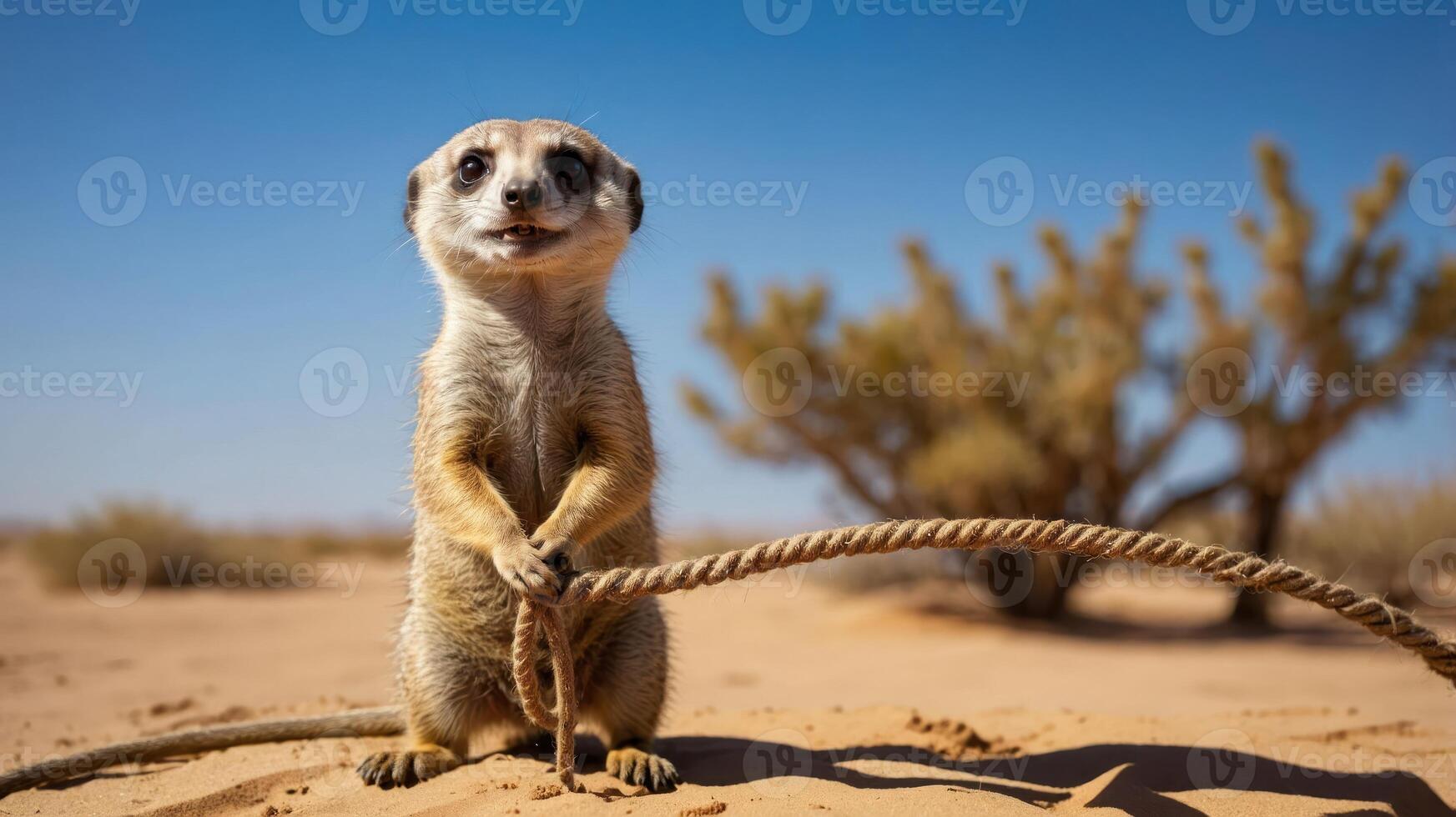 A meerkat stands in the desert holding a rope, showcasing its curious nature. photo
